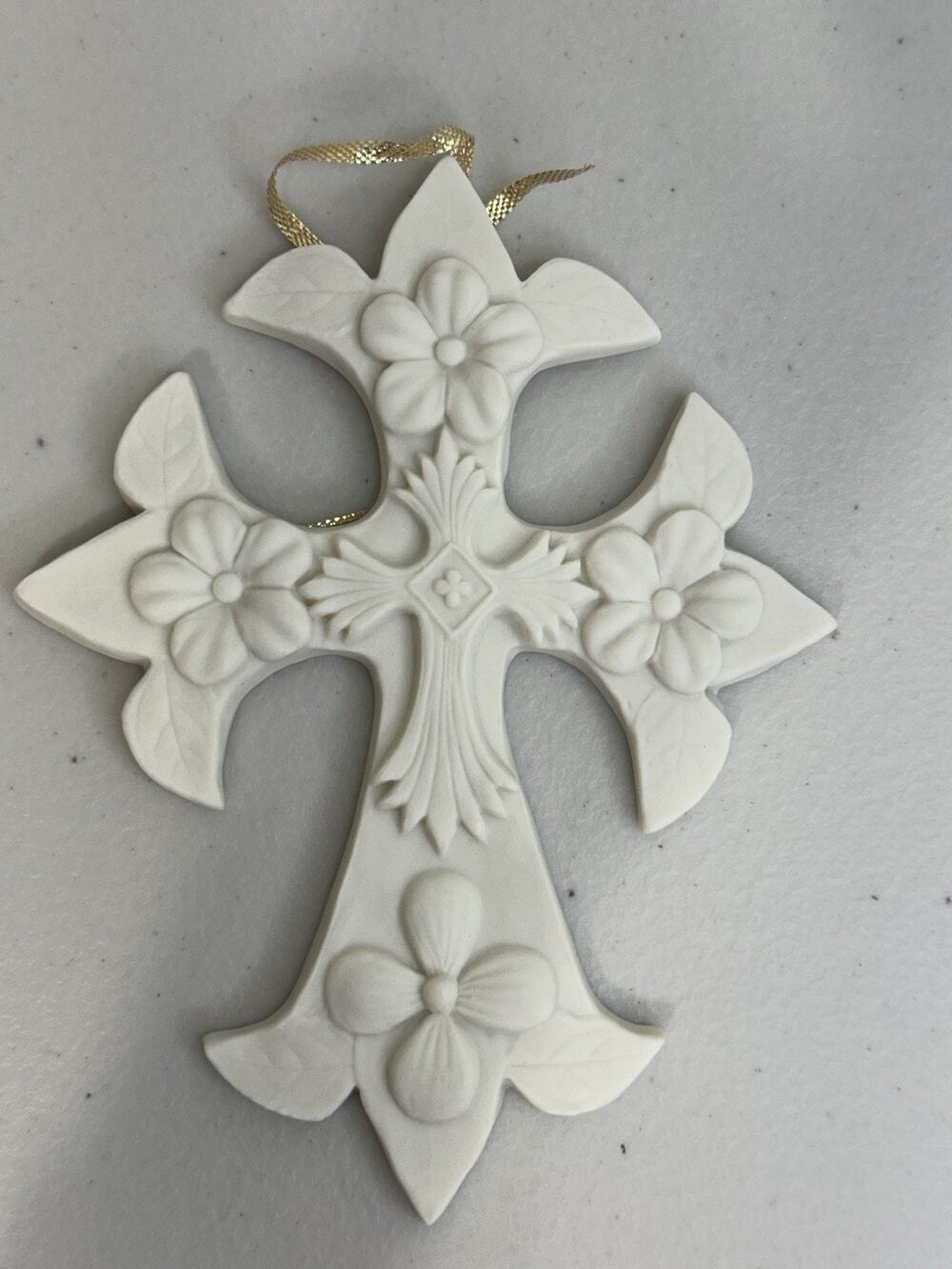 E & T Designs Maskal Abeba White Bisque Porcelain Cross Wall Hang Ornament VTG